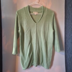 Green V-Neck Women's Sweater 3/4 Sleeve L Cotton Blend